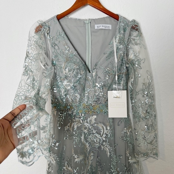 Mac Duggal Embellished Illusion Long Sleeve A Line Dress - Picture 3 of 9